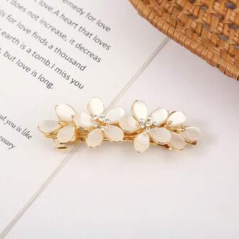 1pc Elegant Floral Horizontal Clip, Chic Cat Eye Spring Clip, Hair Clip For Bangs, Half Bun, Crystal Ponytail Clip