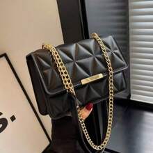 Stylish Solid Color And Printed Wide Strap Hard-Handheld Cross-Body Shoulder Bag For Women - Black - View 2