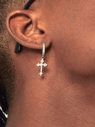 1pc Men's Shiny Dollar Sign Cross Stud Earring, Men's Hip Hop Micro-Inlaid Zirconia Stone Versatile Earring