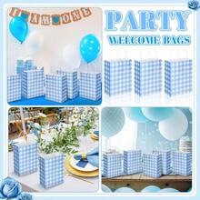D24 Pcs Blue Gingham Party Plies Gift Bags With Handles Kraft Paper Checkered Plaid Treat Goodie Bags For Birthday Wedding Gingham Party Favors 8.27 X 6.3 X 3.15 Inch - 藍色 - 查看 6