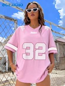 GEMCHO 32# 复古美式V领短袖橄榄球球衣，适合派对、训练和比赛，透气运动衫，粉色夏季款 - 粉色 - 查看 3