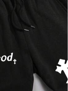 Teen Boys' Slogan Print Drawstring Waist Joggers Pants With Pockets And Cuffed Hem, Suitable For Rave, Emo, 2000s Style, Fleece Fabric