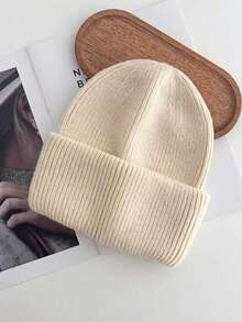 1ps White Knit Cuffed Beanie Hats For Women Winter Fur Knitted Caps Soft Slouchy Warm Snug Snow Ski Running Unisex Adult Knit Hat - Beige - View 1