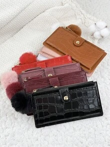 SOUTHLAND&KANGAROO With A Pom-Pom Charm,Crocodile Embossed Fold Over Long Wallet Women Fashion Modern Business Slim Portable Versatile Large Capacity Credit Card Zipper ID Card Money Cash Storage Business Casual Perfect School College Work Business Commute Teachers' Day Back To School Holiday Office Anniversary Lover For Birthday Gift Women White-Collar Workers College Student,Bag School Supplies For School Dorm Room & Back To School - Black - View 4