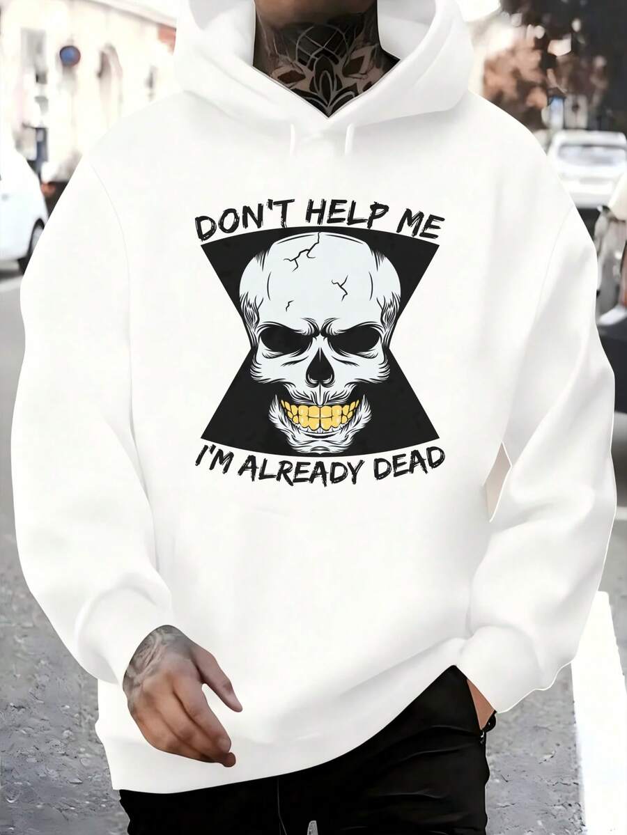 Men's Hooded Sweatshirt, Women's Men's Fashion Black Hoodie With Skull Print And "Don't Help Me I'm Already Dead" Text For Daily Use And Casual Occasions Winter Spring, Christmas Outfit Ideas, Perfect For Outdoor Activities, Parties, And The Best Gift For Friends. - 白色 - 查看 1