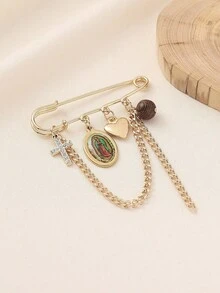 1pc Classic Stainless Steel Jesus Mary Holy Cross & Heart Pendant Tassel Brooch Pin, Suitable For Women Clothing Waist Chain, Hat Decor, Versatile Accessory - 金色 - 查看 2