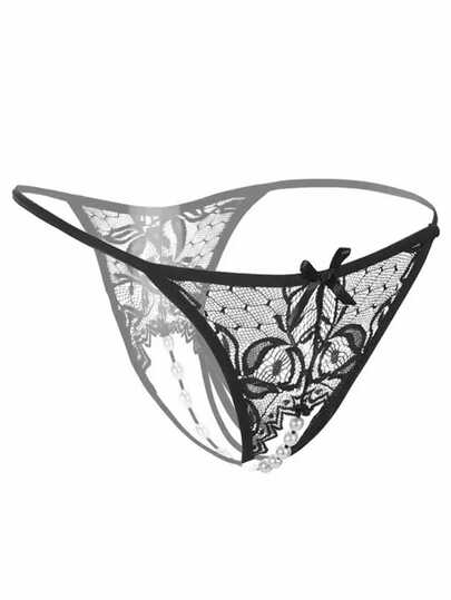 1pc able Doorschijnende Geborduurde Verleidelijke Women Panties, Hollow Out Pearl Massage Open Crotch Seamless Low Waist String Underwear, Lingerie Sleepwear Valentines Day, Going view 4
