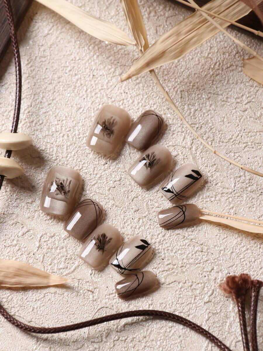 10pcs Acrylic Press On Nails Brown Nails Cat's Eye Black Line Short Nail Fake Nails Artificial Nails Kit Includes 1sheet Adhesive Tabs &1 Pc Mini File - Multicolor - View 1