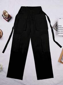 Street Vibes Tape Flap Pocket Side Cargo Parachute Trousers - Black - View 9