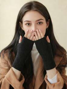 1 Pair Of Winter Plush Knitted Open Finger Warm Gloves, Perfect For Office, Student Writing, Cycling And Skiing, Daily Wear ﻿ - Multicolor - View 11