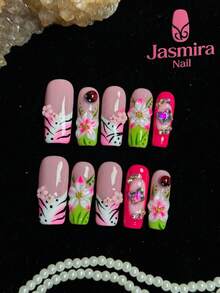 10 Pcs Set Of Handmade Press-On Nail Tips, Medium-Length Christmas Nails, Y2K Press-On Square Nails, Pink Nails, Hand-Carved Beetle Designs, Nail Gems Embellishments, Hand-Painted Spring Garden, Suitable For Diy Cute Nails For Women And Girls At Home, Parties, Birthdays, And Various Holiday Occasions. - 彩色 - 查看 2