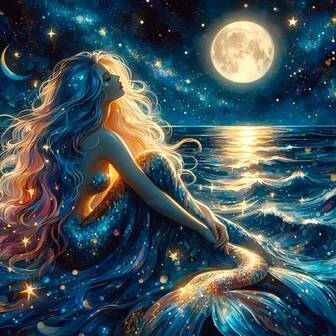 Kit de pintura de diamantes de sirena DIY - Sin marco 5D Taladro completo Diamante redondo de acrílico, Bordado hecho a mano Punto de cruz Decoración de pared, Marco no incluido