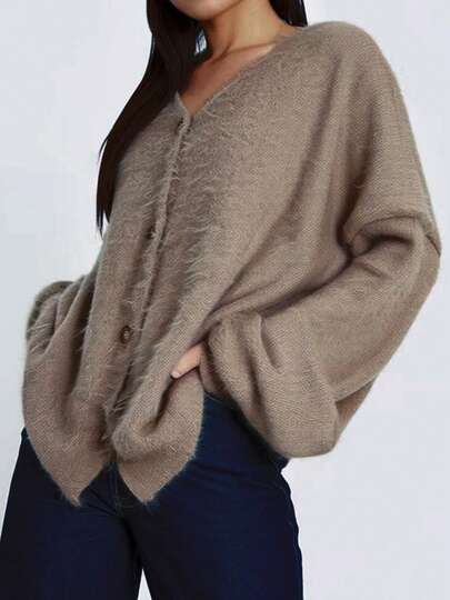 优雅女士休闲时尚欧式百搭针织开衫，舒适长袖加大码毛衣外套