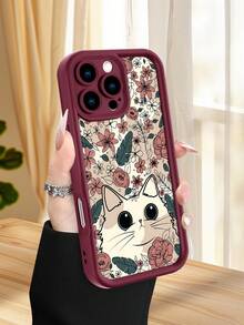 1 pieza Funda de teléfono con diseño de gato lindo rodeado de flores y hojas en estilo natural ideal para amantes de los animales y la naturaleza TPU soft case, protección completa antideslizante y anti-caída, compatible con iPhone17 ProMax/16/15/14/13/12/11/Plus/Pro/ProMax, compatible con Galaxy A34/A35/A54/A55, Galaxy S20/S21/S22/S23/S24/S25 Ultra/Plus, compatible con Galaxy/Redmi/Honor/OPPO/ViVo - Burdeos - Ver 2
