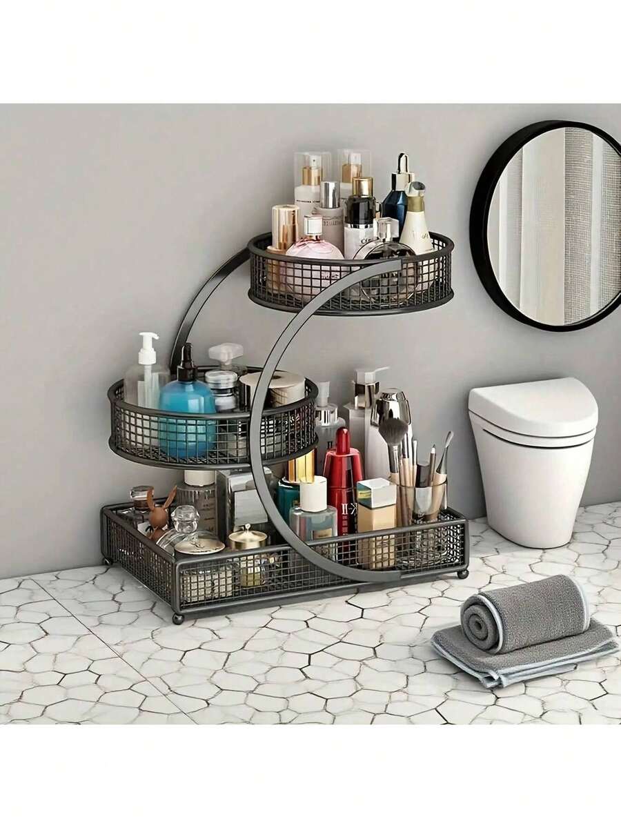 3-Tier Metal Cosmetic Storage Box, No Installation Required Makeup Organizer With Sleek Design For Dressing Table & Bathroom Countertop - 帶紙巾籃-白色 - 查看 1