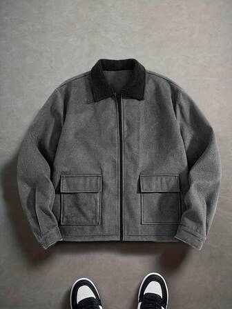 Men's Black Double Pocket Zipper Fleece Collar Design Utility Jacket, Minimalist & Elegant For Daily Commute, Casual Outing, Home Gathering, Autumn/Winter New