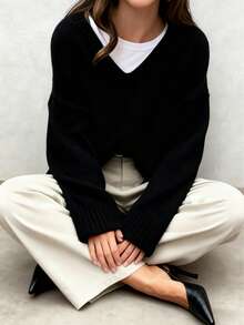 大码女士优雅V领罗纹针织毛衣，百搭款式，适合度假、休闲、居家、上学、日常、派对、办公等场合，秋冬季黑色 - 黑色 - 查看 5