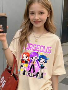 Teen Girls Cute Aesthetic Oversized T-Shirt, Cartoon Girl Group Print, "GORGEOUS" Slogan Accent, Loose Short Sleeve Top, Perfect For Friends Shopping - Apricot - View 9