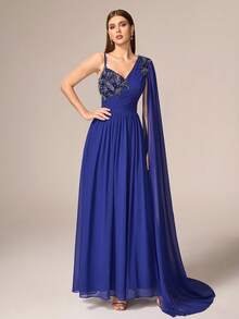 VIPGIRL 优雅奢华女士长款雪纺晚礼服，不对称领口饰有串珠细节，飘逸袖子和层叠下摆。 - 湖藍色 - 查看 1