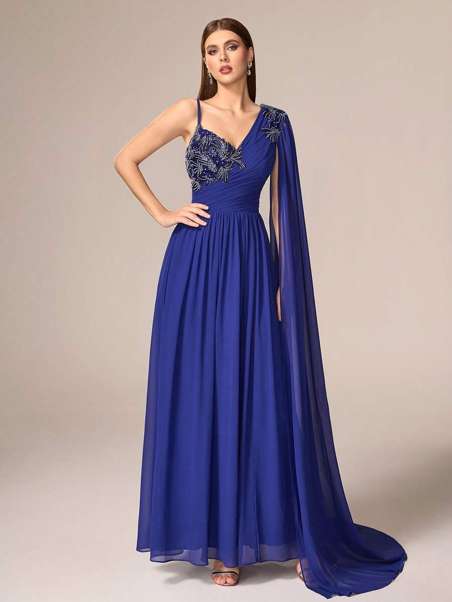 VIPGIRL 优雅奢华女士长款雪纺晚礼服，不对称领口饰有串珠细节，飘逸袖子和层叠下摆。 - 湖藍色 - 查看 1