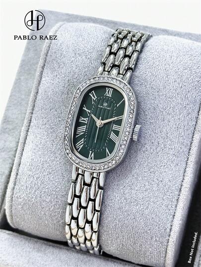  Pablo Raez 1pc Silver Jewelry Ladies Watch Green Color Women Original Charming Wristwatch Diamond Oval Luxury Stainless Steel Accessories Rhinestones Dress Watch Metal Steel Bracelets Chain Golden Non Tarnish Color Elegant Watches Brand New Vintage Girls Party Design Quartz Watch