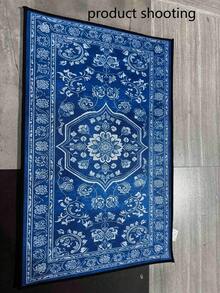 1 pieza Alfombra de área con estampado vintage de flores azules de estilo mediterráneo, adecuada para sala de estar, dormitorio, entrada, cocina, baño, sala de juegos, estudio, lavable a máquina y duradera