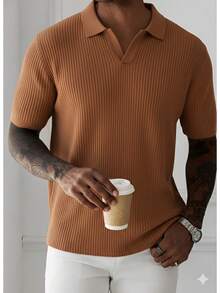 Men's Textured Knit Polo Shirt, Italian Summer Style - 鏽棕色 - 查看 1
