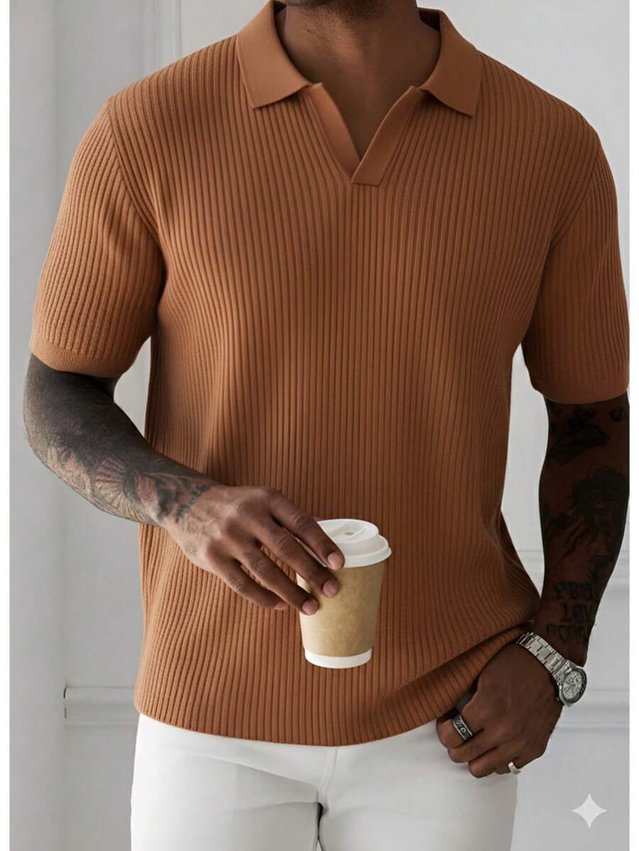 Men's Textured Knit Polo Shirt, Italian Summer Style - 鏽棕色 - 查看 1