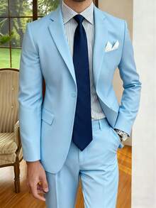 I FineLong Men's Business Suit, 2 Pieces Set Including Jacket And Pants, Pockets Unopened - Baby Blue - View 2