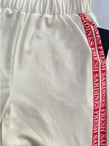 Chemise boutonnée à manches courtes et col pour femme, imprimée de lettres et de poissons, et pantalon large, tenue décontractée - Nude - Voir 7