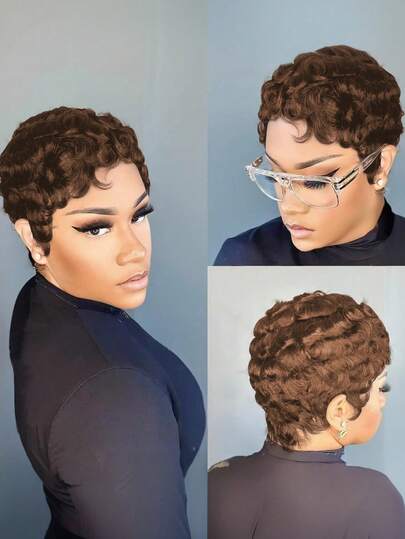 Women's Pixie Short Wig, Human Hair Curly, Brown Short Style With Bangs, Layered, Glueless & Lace-Free Front, Fully Hand-Woven, Easy To Wear, Ideal Gift For Lover, Valentine's Day, Daily Use