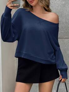 Womens Casual Oversized Crop Sweatshirt Off The Shoulder Long Sleeve Fall Pullover Top - 藏蓝色 - 查看 3