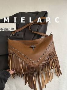 Túi đeo chéo da phong cách retro, túi đeo vai kiểu Bohemian với tua rua và đinh tán trang trí, ví vuông kiểu dáng giản dị, phù hợp cho du lịch và sử dụng hàng ngày, túi đeo chéo công sở di động, túi đeo vai tua rua, túi xách nhỏ gọn - màu nâu - Xem 2