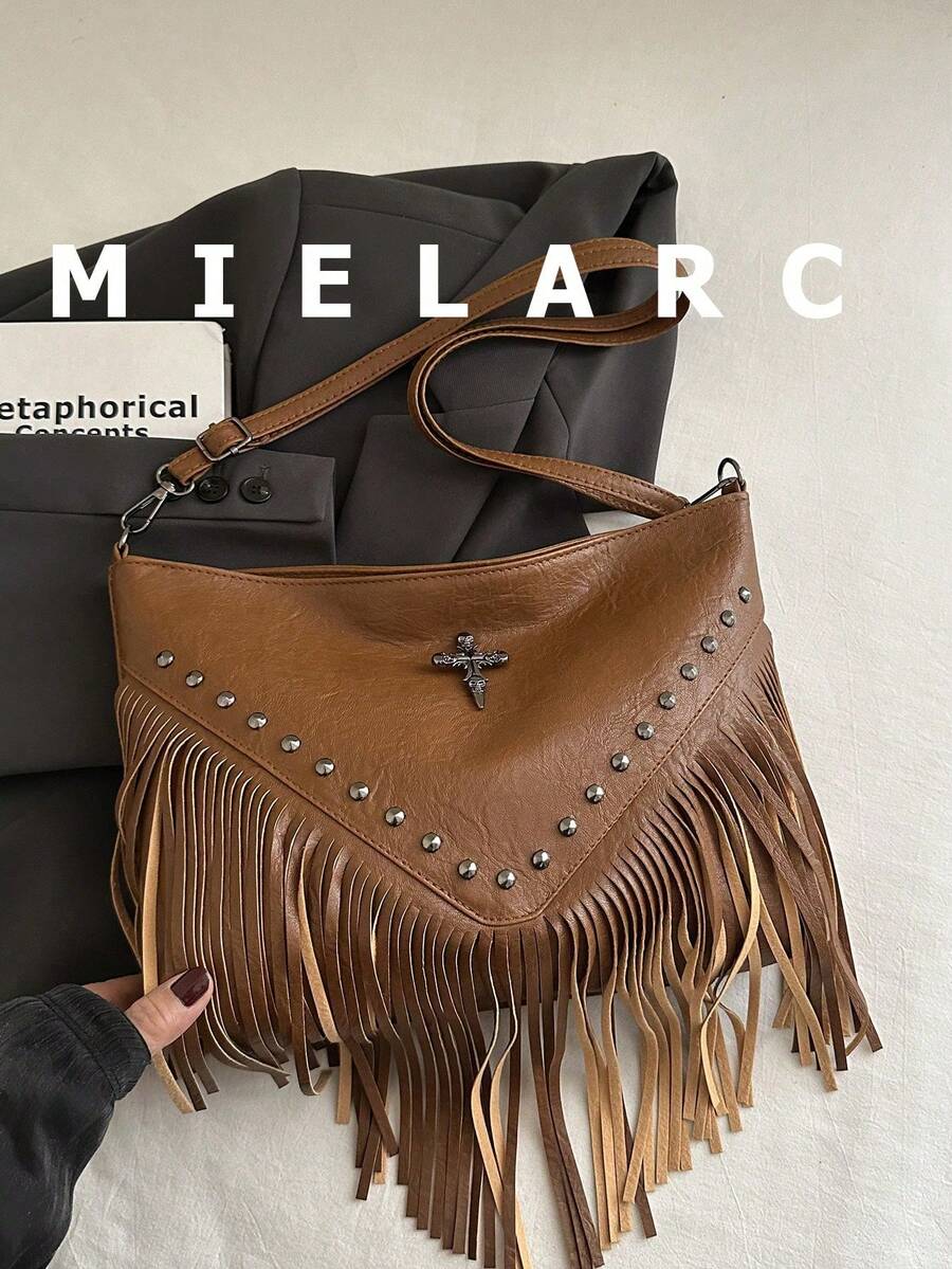 Túi đeo chéo da phong cách retro, túi đeo vai kiểu Bohemian với tua rua và đinh tán trang trí, ví vuông kiểu dáng giản dị, phù hợp cho du lịch và sử dụng hàng ngày, túi đeo chéo công sở di động, túi đeo vai tua rua, túi xách nhỏ gọn