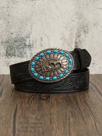 1 pieza Cinturón de estilo occidental americano con hebilla ovalada de metal incrustada con turquesa, adecuado para combinar con vaqueros, chaquetas de estilo occidental, pantalones casuales, para uso diario casual, atuendos con temática occidental y eventos de estilo campestre