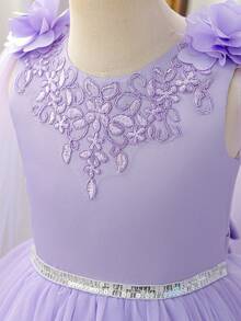 Girls' Elegant Sequin Long Evening Dress, Suitable For 3-12 Years Old Girls' Birthday Party, Costume Ball, Holiday Gathering, Piano Recital, Graceful Purple Tulle Princess Dress, Children's Birthday Gift, Fluffy Skirt, Delicate Daily Wear Fairy Dress With 3D Floral Shawl - Lilac Purple - View 7