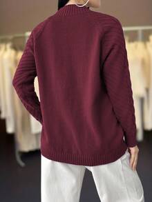 Plus Size Crew Neck Casual Long Sleeve Solid Color Knit Sweater - Burgundy - View 3