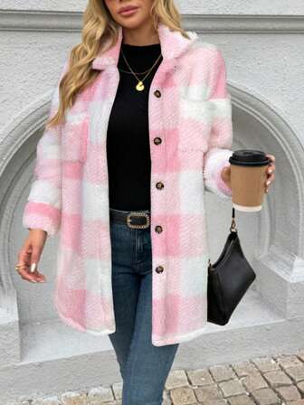 Avslappnad kontrasterande rutig fleecejacka med knappar framtill, höst/vinter