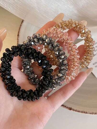 4pcs Women's Colorful Crystal Rhinestone Hair Scrunchies, High Elasticity Hair Ties, Vintage Elegant Style, Summer Holiday Accessories, Ladies Hair Decorations, Suitable For Various Hairstyles, Can Also Be Worn As Bracelets. Casual Daily And Outdoor Wear, Summer Accessory Set, Beach Essential, All-Season Headwear, School Supplies, Halloween Decorations, Holiday Must-Have Headpieces. ,Ponytail Holders ,Hair Elastics ,Hair Rubber Bands ,Hair Rope Head Accessories Elastic Band