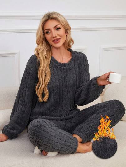 2pcs Women Winter Pajama Set, Minimalist Solid Color Thick Long Sleeve & Long Pants Homewear, Suitable For Indoor & Outdoor Wear