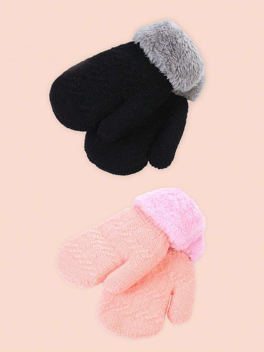 1 双冬季毛绒内衬手套，保暖提花纯色露指手套，适合男孩、女孩、儿童、婴儿、幼儿 0-3 岁 - 彩色 - 查看 1