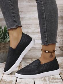 1双女士时尚平底鞋，菱形格纹皮革鞋面套脚乐福鞋，百搭纯色休闲运动鞋，春季新品 - 黑色 - 查看 2