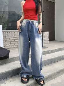 Retro Versatile Loose Wide Leg Jeans For Women, High-End Feel, Spring/Autumn - Blue - View 5