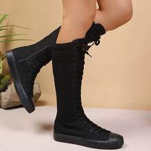 love ycodo Women & Girls Student Canvas Flat Over-The-Knee Boots, Side Zipper, Suitable For Dresses, Jeans, Parties, Cheerleading - Black - View 9