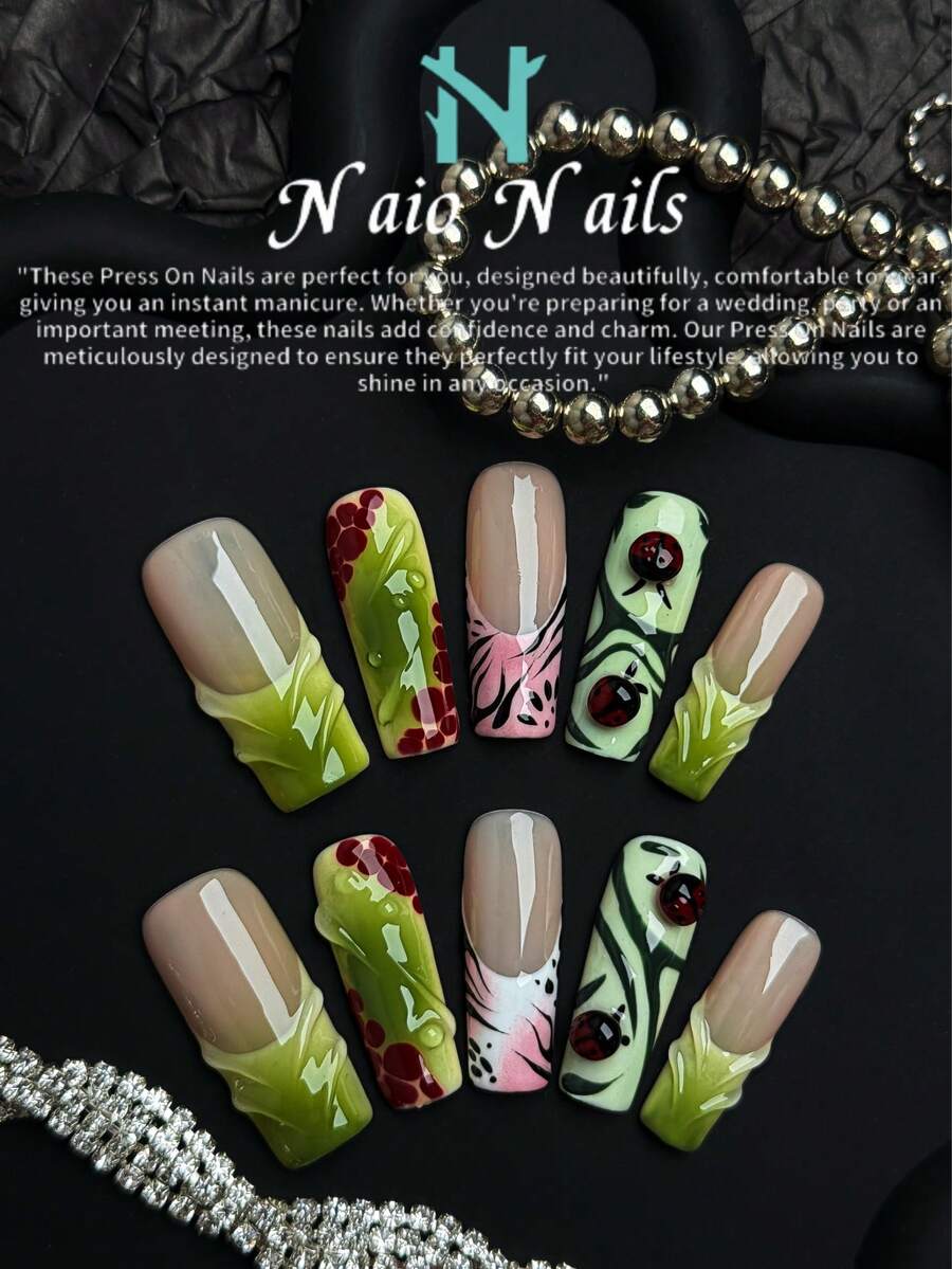 NAIO 10片/套 手工方形美甲贴片，Y2K 酷炫风格，裸色、绿色和粉色法式边，搭配3D立体瓢虫造型凝胶美甲贴片，适合派对、婚礼和日常佩戴。包含工具包，是送给女性和女孩的绝佳礼物。