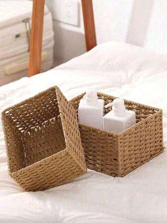 JXXQY 1/3 手工编织收纳篮 - 适用于浴室洗漱用品、厨房零食糖果、办公室书架、文具药盒、玩具收纳篮、梳妆台化妆品收纳、家居装饰篮、礼品篮、化妆品整理篮、客厅收纳篮、复古手工杂物收纳篮，适合放置于台面和玄关处