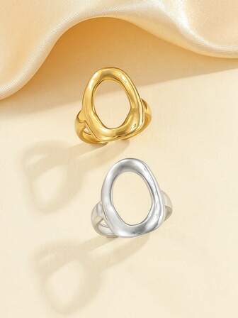 2pcs Stainless Steel Minimalist Golden & Silver Geometric Open Ring Set, Suitable For Women's Daily Wear Or Gift