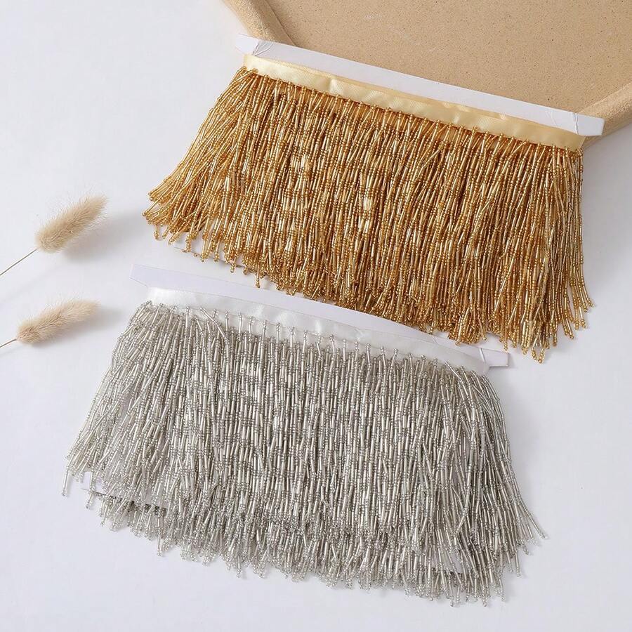 2碼玻璃珠流蘇飾邊,寬4.33英吋,適用於洋裝衣物與DIY手工藝,洋裝裝飾、衣物裝飾、裝飾飾邊、手工流蘇、DIY裝飾,易剪裁管珠附緞帶 - 彩色 - 查看 1