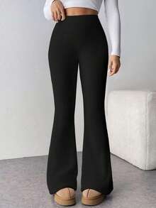 Women's Black Flared Pants, Daily Casual Yoga Leggings, Back To School, Fall Women's Wear, Pants, Sweatpants, Women's Trousers, - Black - View 6