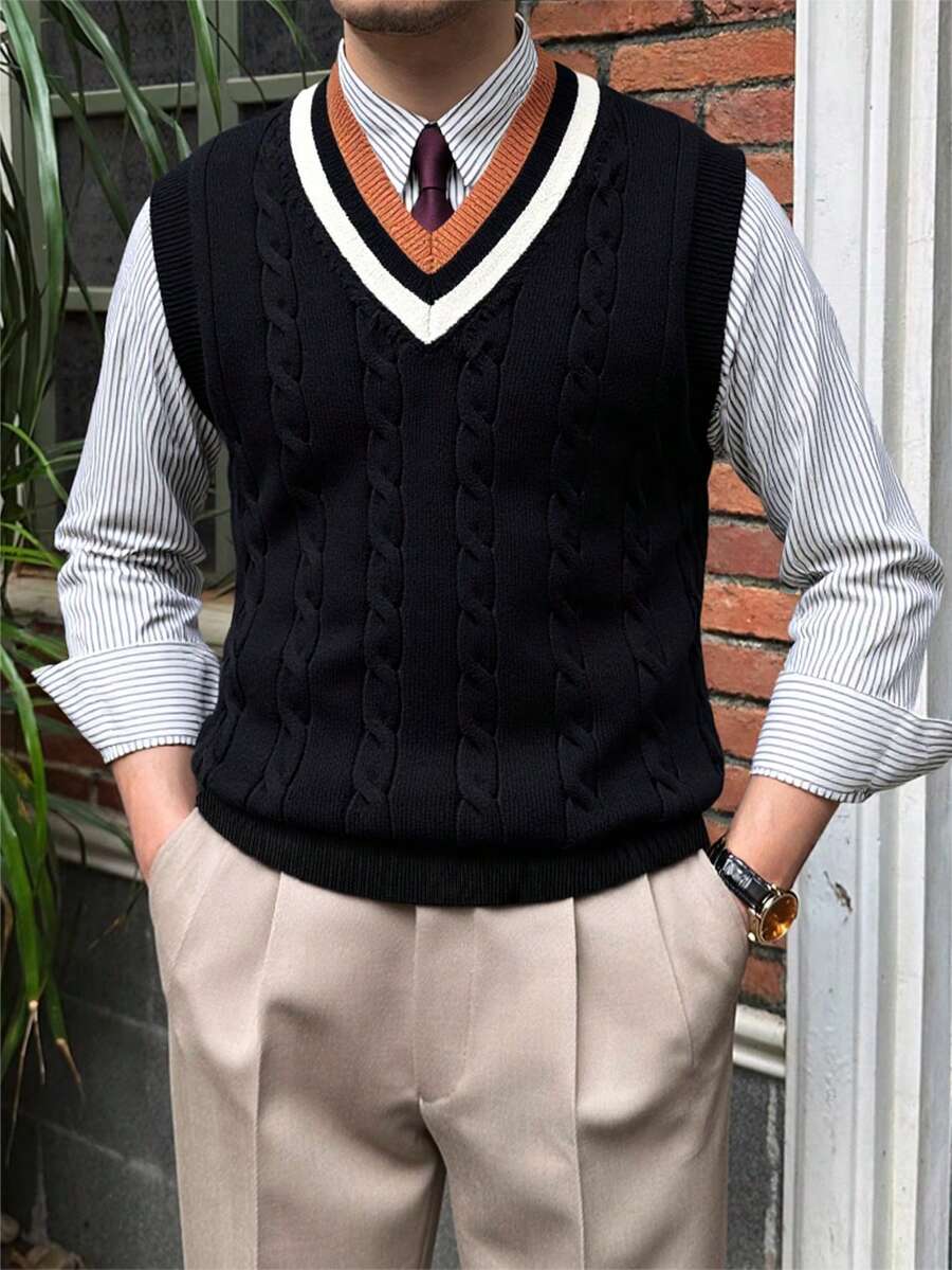 Men's Collegiate Style Patchwork Cable Knit V-Neck Sweater Vest - Black - View 1